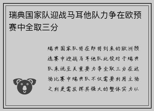 瑞典国家队迎战马耳他队力争在欧预赛中全取三分