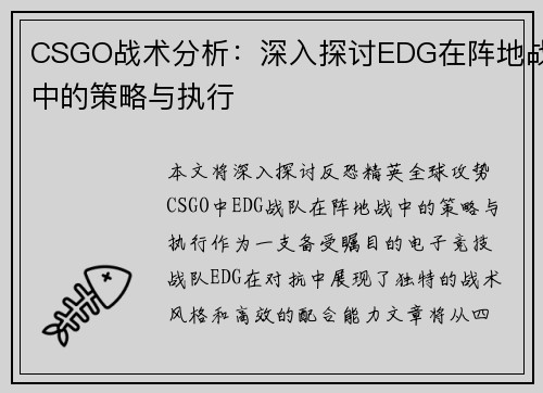 CSGO战术分析：深入探讨EDG在阵地战中的策略与执行