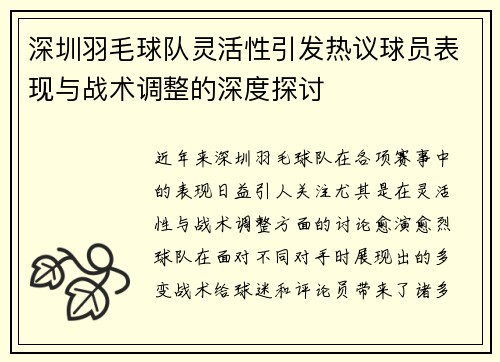 深圳羽毛球队灵活性引发热议球员表现与战术调整的深度探讨