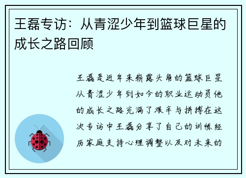 王磊专访：从青涩少年到篮球巨星的成长之路回顾
