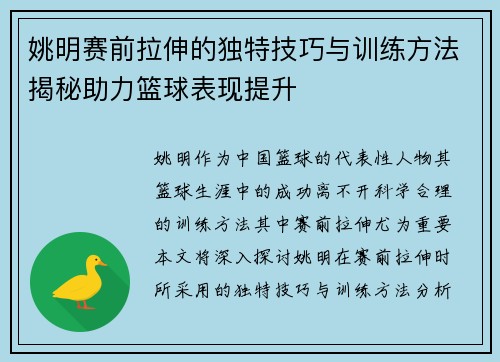 姚明赛前拉伸的独特技巧与训练方法揭秘助力篮球表现提升