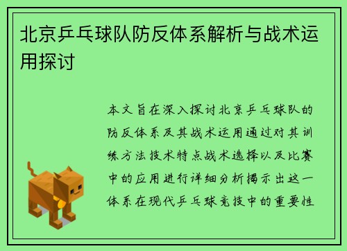 北京乒乓球队防反体系解析与战术运用探讨