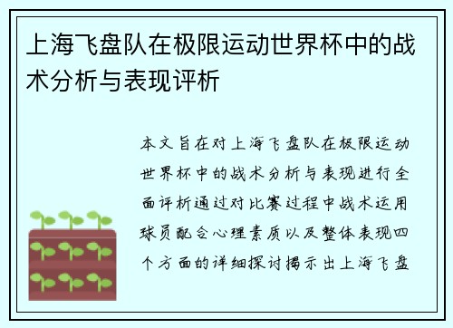 上海飞盘队在极限运动世界杯中的战术分析与表现评析