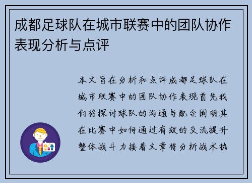 成都足球队在城市联赛中的团队协作表现分析与点评