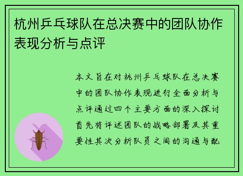 杭州乒乓球队在总决赛中的团队协作表现分析与点评