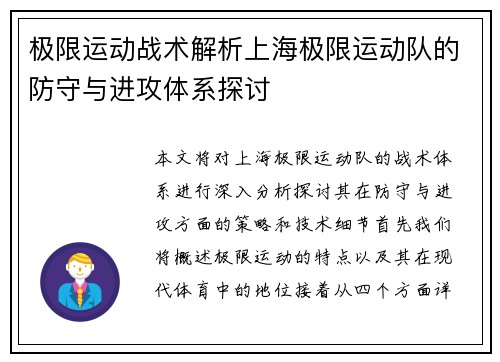 极限运动战术解析上海极限运动队的防守与进攻体系探讨