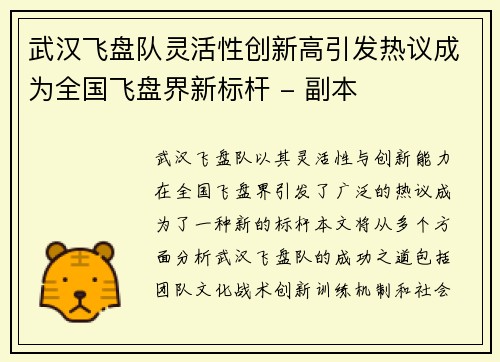 武汉飞盘队灵活性创新高引发热议成为全国飞盘界新标杆 - 副本