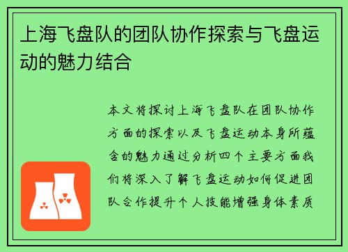 上海飞盘队的团队协作探索与飞盘运动的魅力结合